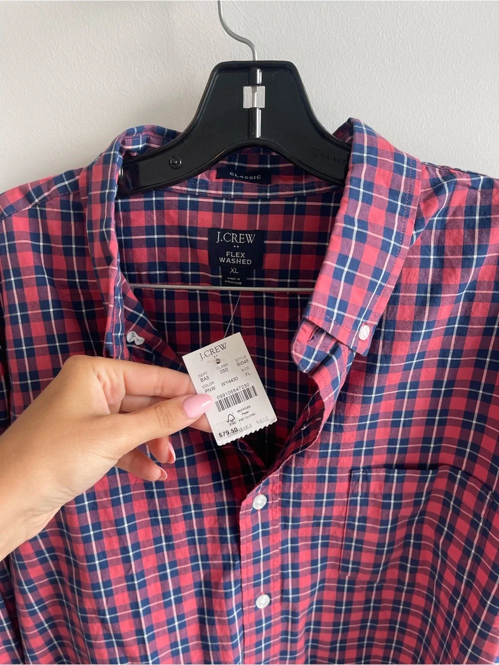 J Crew Flex Washed Classic Men's Red and Navy Plaid Button-Down Shirt
